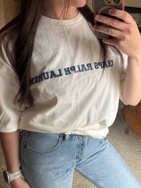 Vintage Ralph Lauren Chaps Cream Crewneck Tee with Navy Logo Tag